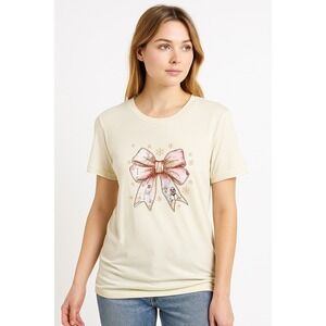 Bella+Canvas Beige‎ Christmas Nativity Bow Graphic Print T-Shirt Women - Medium